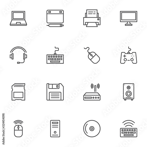 Computer gadgets line icons set. linear style symbols collection, outline signs pack. vector graphics. Set includes icons as laptop computer, designer tablet pad, keyboard, headset, mouse, wifi
