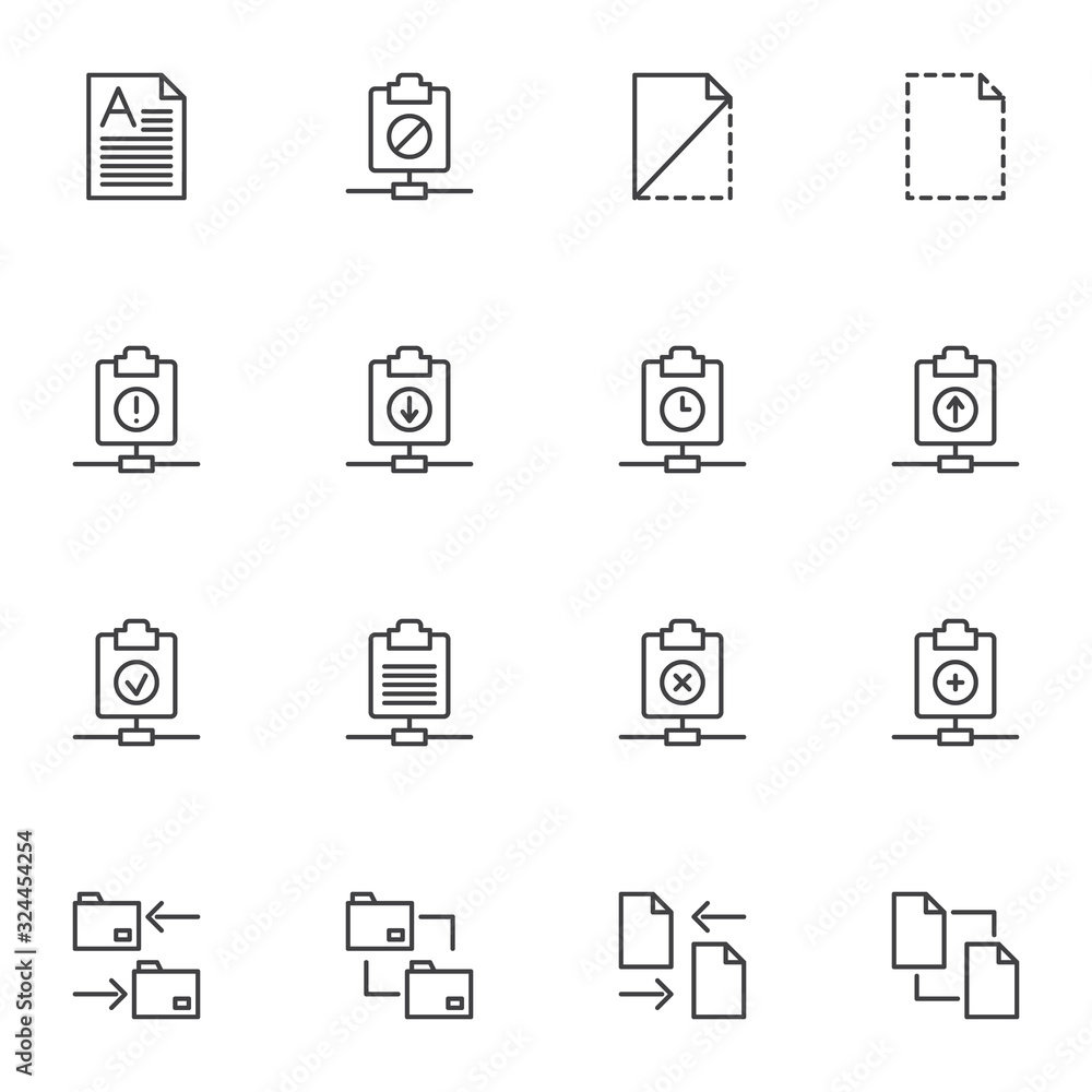 Document files line icons set. linear style symbols collection, File folders outline signs pack. vector graphics. Set includes icons as download, upload, transfer document, server archive folder, doc Document files line icons set. linear style symbols collection, File folders outline signs pack. vector graphics. Set includes icons as download, upload, transfer document, server archive folder, doc