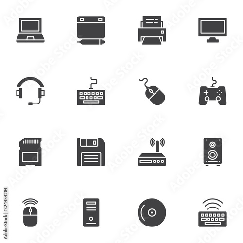 Computer gadgets vector icons set, modern solid symbol collection, filled style pictogram pack. Signs, logo illustration. Set includes icons as laptop computer, designer tablet pad, keyboard, headset