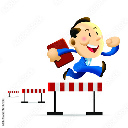 Cute business man take the business challenge as hurdle and jump over it bravely.