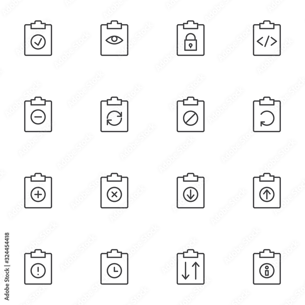 Document flow line icons set. linear style symbols collection, outline signs pack. vector graphics. Set includes icons as clipboard document folder files, update, download, upload, history archive