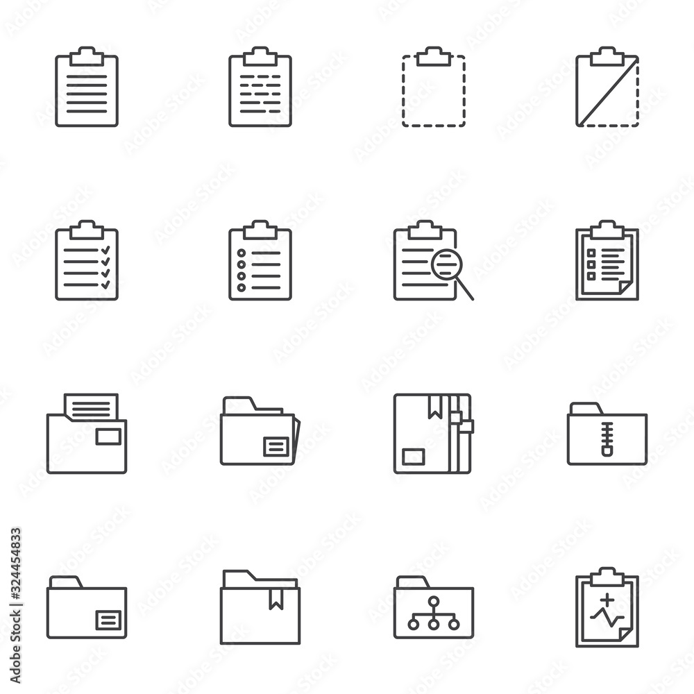 Document folders line icons set. linear style symbols collection, outline signs pack. vector graphics. Set includes icons as archive file, history search, list page, contract form, bookmark, clipboard Document folders line icons set. linear style symbols collection, outline signs pack. vector graphics. Set includes icons as archive file, history search, list page, contract form, bookmark, clipboard