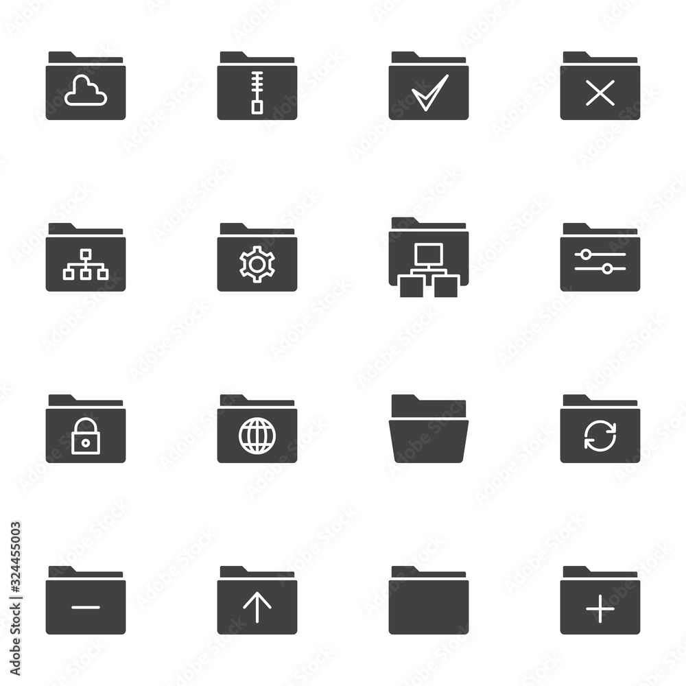 Folders interface vector icons set, modern solid symbol collection, filled style pictogram pack. Signs, logo illustration. Set includes icons as storage folder, zip archive, settings, security, update Folders interface vector icons set, modern solid symbol collection, filled style pictogram pack. Signs, logo illustration. Set includes icons as storage folder, zip archive, settings, security, update