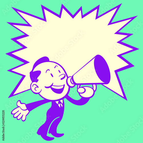 Retro Style of cute business man make announcement with a red speaker. Come with a big star speech bubble for text area.