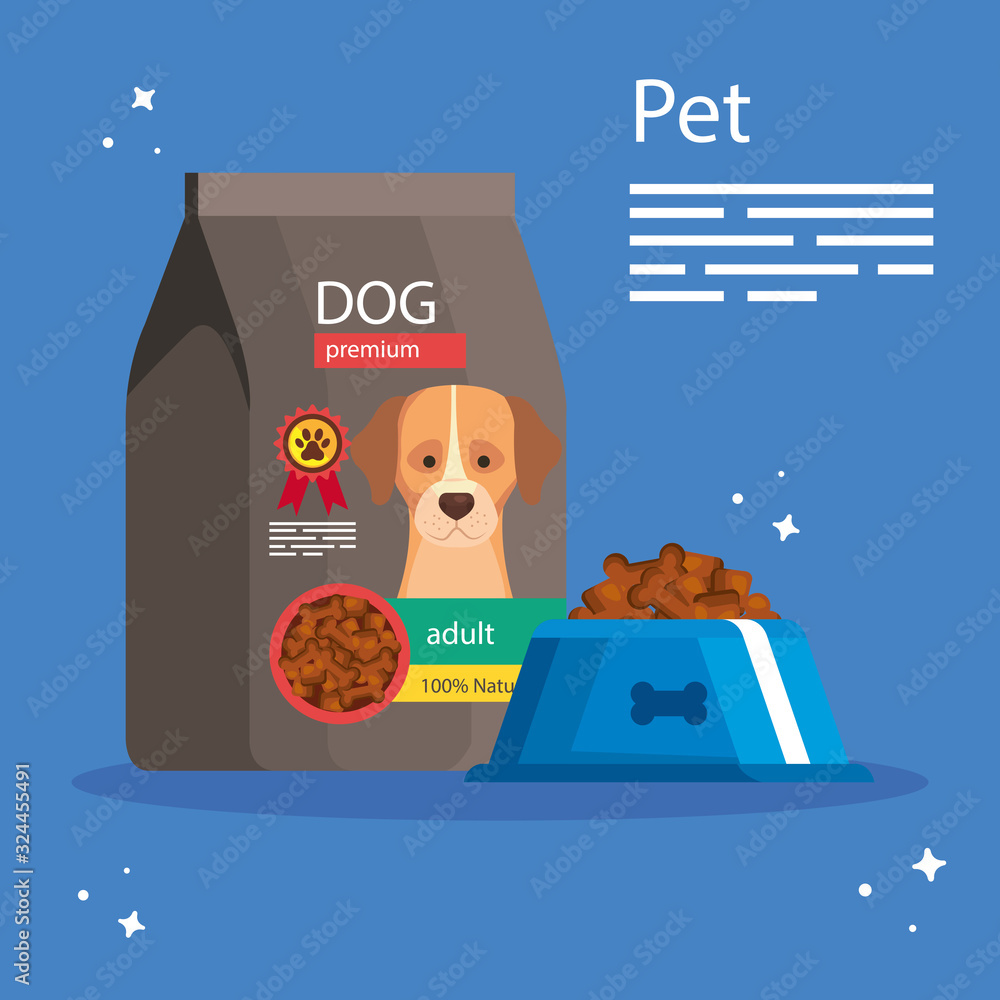 Plakat pet shop with bag and dish food vector illustration design