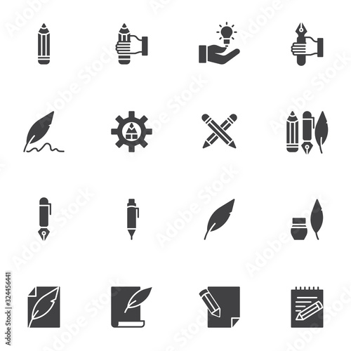 Writing tool vector icons set, modern solid symbol collection, filled style pictogram pack. Signs, logo illustration. Set includes icons as feather pen, pencil, ink, edit document, memo notes, notepad