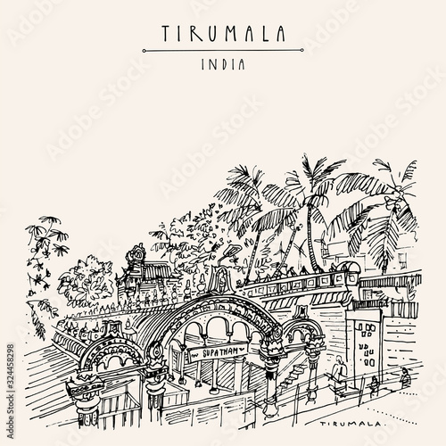 Venkateswara Temple, Tirumala, Andhra Pradesh, India. Travel sketch. Vintage hand drawn postcard photo