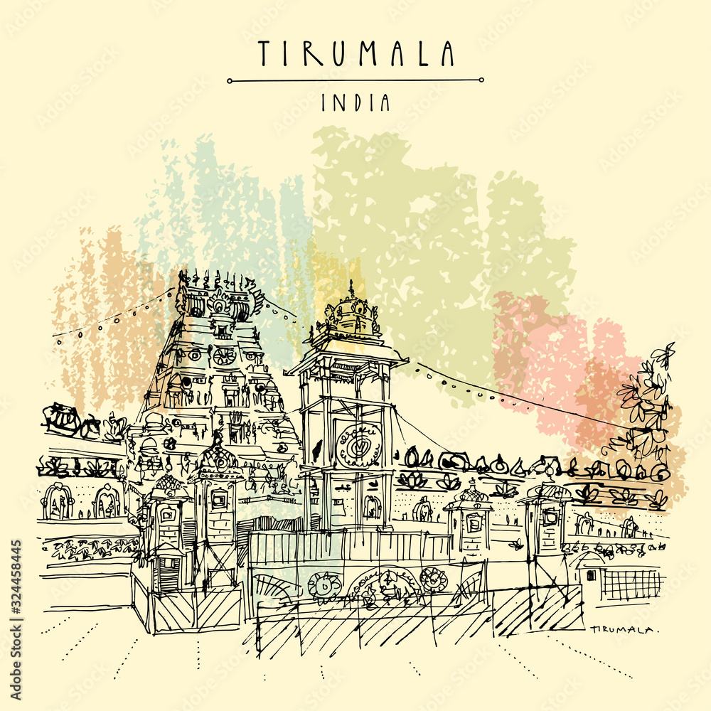 Venkateswara Temple, Tirumala, Andhra Pradesh, India. Travel sketch. Vintage hand drawn postcard
