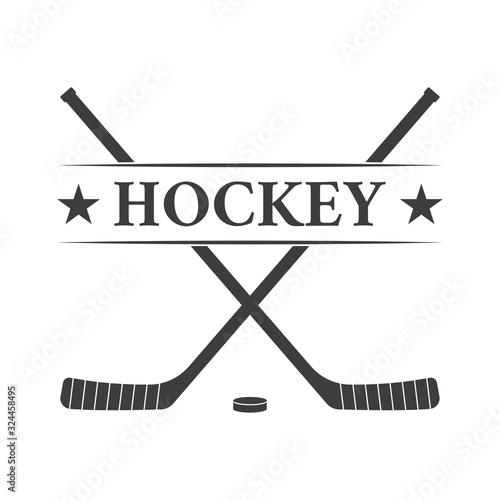 Ice hockey club logo or badge with crossed hockey sticks and a puck. Vector illustration.