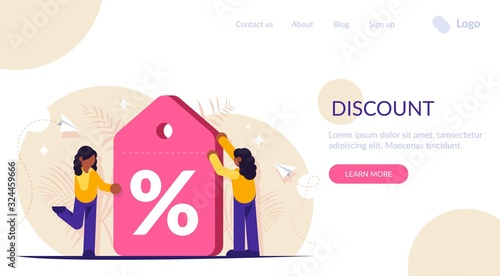 Discount label. Loyalty program. Demonstrating a large discount on a service or product. Girls get favorable terms. Landing web page template.