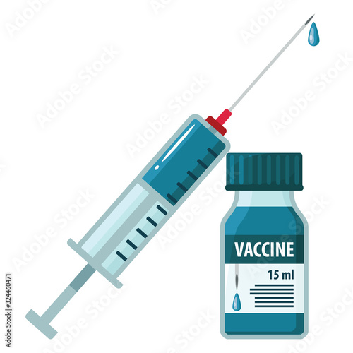 Icon of a medical ampoule with a vaccine and a syringe. Flat-style antiviral vaccine. Vector illustration isolated on white background for design and web.