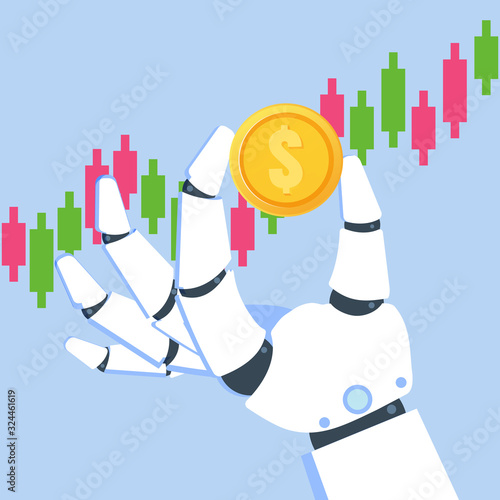 Robot investing, Robo-advisor. Artificial intelligence and businessman using IT algorithms for Forex tradings. Vector illustration