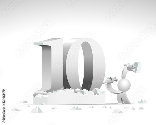 Cute little white Simplified carve a number 10 word sign sculpture from a big giant rock.