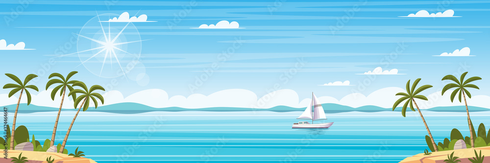 Tropical coastal panorama landscape with palm trees and boat. Cartoon Vector Illustrations with separate layers. Tropical coastal panorama landscape with palm trees and boat. Cartoon Vector Illustrations with separate layers.