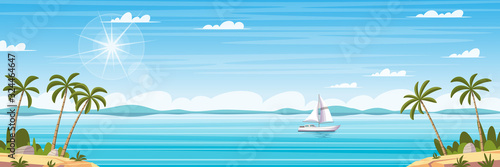 Tropical coastal panorama landscape with palm trees and boat. Cartoon Vector Illustrations with separate layers.