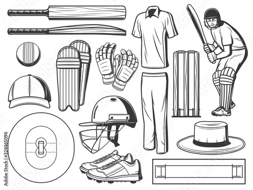 Cricket sport game icons with vector ball, bats and wicket, batsman player, helmet and team uniform, gloves, play field with pitch and creases, leg pads, spiked shoes, sun hat and cap. Sport equipment