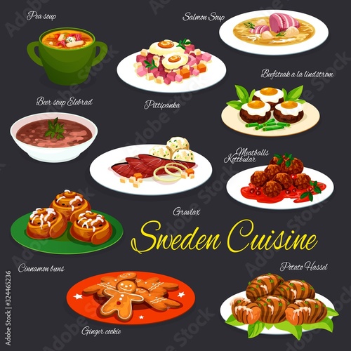 Swedish fish and meat dishes vector design. Vegetables, ham and beef steak with eggs, salmon, pea and beer soups, baked potato, meatballs and marinated salmon, cinnamon rolls and ginger cookies