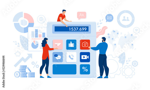 People Business Partner Calculating Financial Profit, Planning Budget, Carry Out Audit. Huge Calculator with Mobile and Social Media Widget Button. Tiny Man Woman. Graph and Chart. Vector Illustration