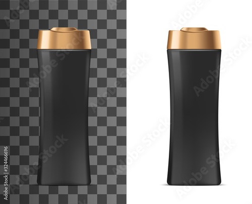 Shampoo cosmetic bottle 3d vector mockups. Black plastic package with blank label and golden flip top cap templates, cream, body lotion or soap packs, shower gel or hair conditioner containers design