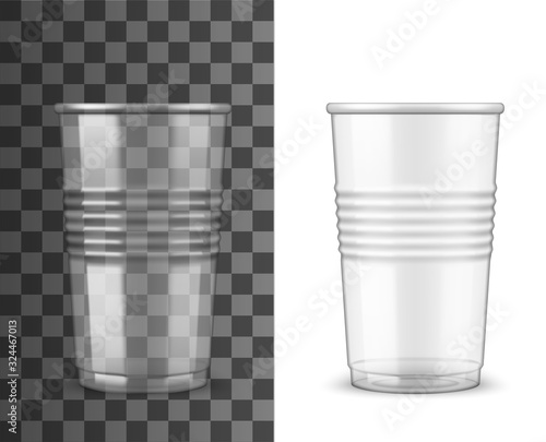 Clear plastic cup 3d mockups with cold drink disposable containers. Vector templates of takeaway beverage mugs for ice coffee, tea and juice, cocktail, milkshake and beer, soda and water