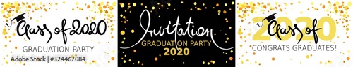 Graduate 2020. Vector illustration, card, invitation with gold confetti and calligraphic title.