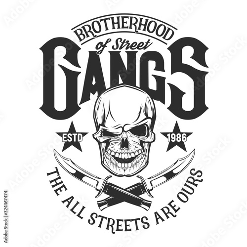 Winking skull with crossed knives t-shirt print. Vector head of dead gangster skeleton with daggers, stars and letterings, motorcycle or rock club apparel, urban fashion and biker clothes design