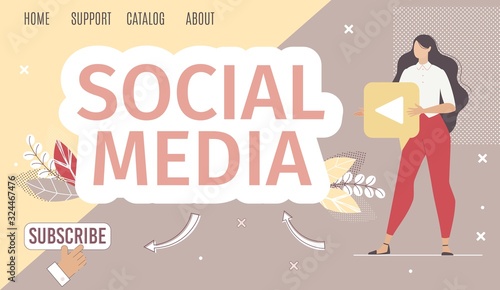 Social Media Company or Service, Digital Marketing Company, Blogger Web Banner, Landing Page Template. Woman Blogger or Streamer, Social Network User, Businesswoman Trendy Flat Vector Illustration