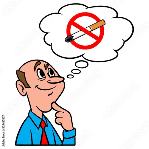 Thinking about Quitting Smoking - A cartoon illustration of a man thinking about quitting smoking.