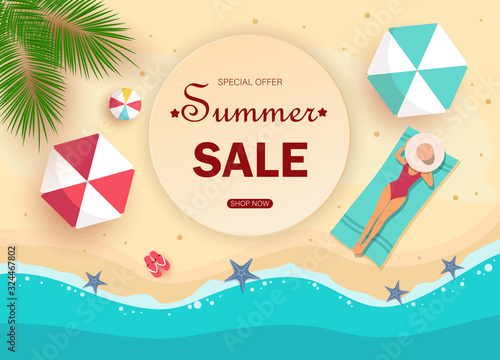Summer sale background. Elegant woman in a hat lying on a beach towel. Girl in red swimwear sunbathing on a beach. Hello summer design for backgrounds, banners, posters, advertising campaigns. Vector.