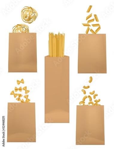 Pasta package vector templates of paper bag 3d mockups with Italian spaghetti, macaroni and farfalle, penne, elbow and vermicelli, noodles and tagliatelle nests. Wheat cereal food packaging design