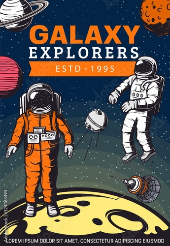 Space exploration retro design with vector rockets, astronauts, planets and satellites. Astronomy science and space travel poster with galaxy explorers or spacemen, spacesuits and spaceship