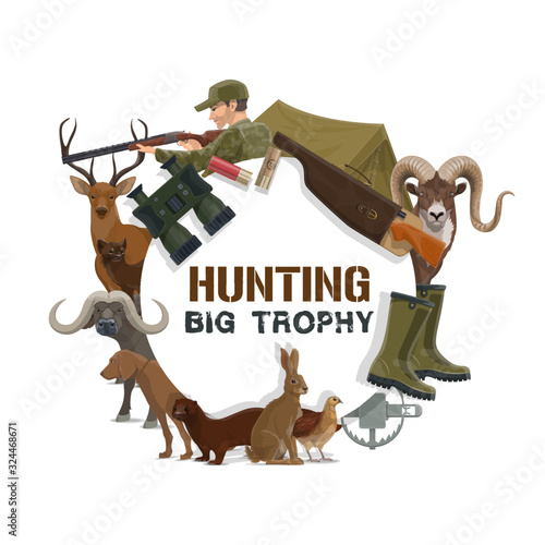 Hunting sport trophy icon with vector hunter guns, equipment and animals. Hunting dog, rifle and deer, weapon, huntsman and bull, tourist tent, binoculars and trap, quail, hare, marten and cartridge