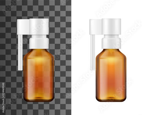 Spray bottle 3d mockups with sore throat, oral or nasal medicines. Brown glass medical container vector templates with plastic dispensers and extension tubes, pharmaceutical packaging design