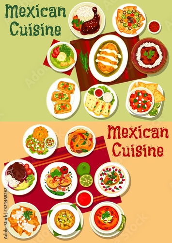 Mexican tacos, fajitas and nachos with meat, vegetable, salsa and guacamole sauce. Stuffed pepper, bean sandwiches and chicken quesadilla, rice with beef chilli con carne, tomato soup and bacon potato