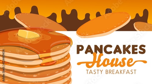 Pancake stack with butter, syrup of maple and honey vector banner of pancake house, cafe and bakery shop design. Breakfast food or american brunch flat crepes with sweet sauce and caramel drops