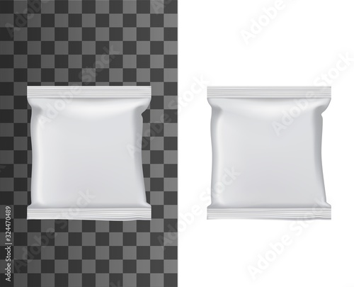 Flow pack or blank foil package 3d mockups with vector plastic bag of snack food, chocolate bar or candy, biscuit, cookie or wafer. White glossy packaging design on transparent and white background