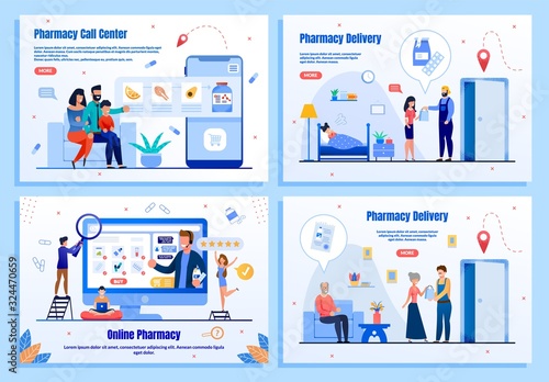 Pharmacy Delivery, Call Center, Shopping Services Trendy Flat Vector Web Banners, Landing Pages Set. Parents Purchasing Vitamins, Mother Buying Medicines, Senior People Receiving Order Illustration