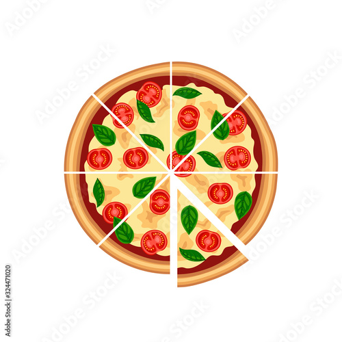 Tasty sliced pizza margherita with tomato, cheese, basil top view isolated on white background. Flat traditional italian fast food icon. Vector illustration for web, advert, menu, banner, flyer