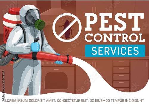 Pest control worker spraying insecticide against insects and rodents vector design. Exterminator with pressure sprayer, cockroach prohibition sign, chemical protective suit and mask