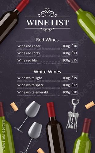 Wine list vector menu template of red and white grape alcohol drinks. Wine bottles, glasses, corks and corkscrew frame border, decorated with vintage vignette, winery, restaurant and bar design