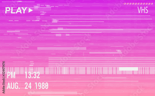 VHS camera effect with glitch. Retro pink background, effect old video, tape rewind or no signal TV screen. VHS glitch. Vector illustration vaporwave style with holographic neon stains. Digital art