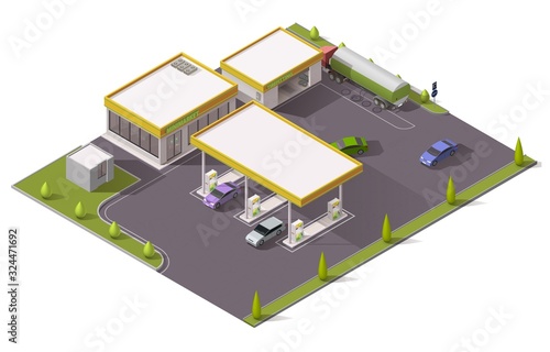 Gas, petrol and fuel filling station 3d isometric design with vector gasoline pumps, cars, store buildings and tank truck, auto service, repair shop, tire fitting and garage. Architecture themes