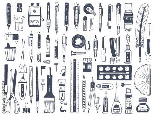 the hand drawn vector set of stationary.