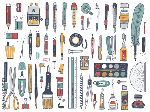 the hand drawn vector set of stationary. photo