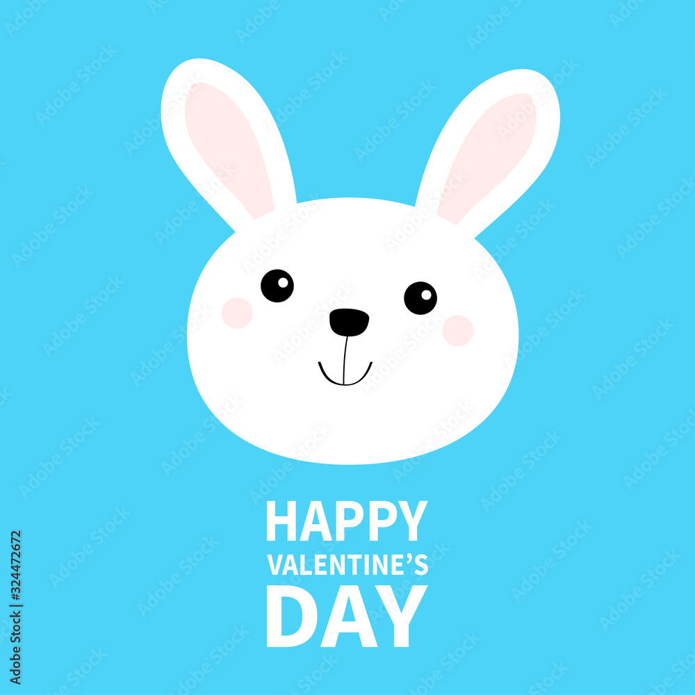 Happy Valentines Day. White bunny rabbit hare face head round icon. Cute kawaii cartoon funny character. Baby greeting card. Blue background. Flat design. Happy Valentines Day. White bunny rabbit hare face head round icon. Cute kawaii cartoon funny character. Baby greeting card. Blue background. Flat design.