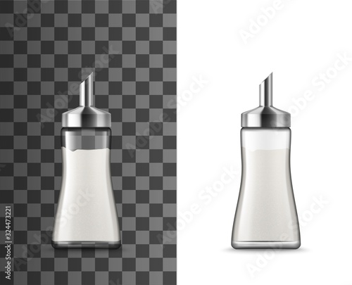Salt shaker 3d templates with glass bottles of food seasonings and condiments. Vector mockups of containers or dispensers with sea salt powder and pouring spouts, kitchen tableware design