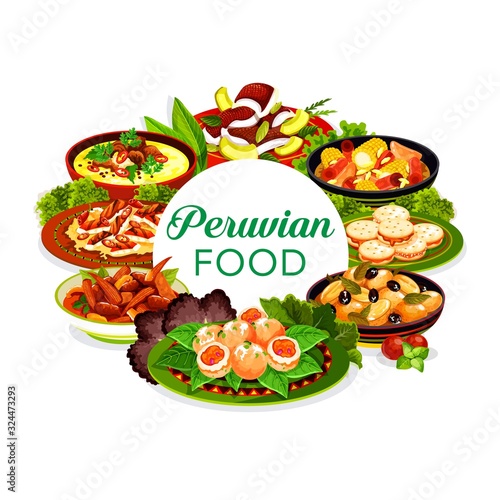 Peruvian food vector icon with fish ceviche, meat vegetable stews and milk cookies. Grilled chicken salad with chilli, beef corn casserole and shrimp seafood croquettes, baked potato and alfajores