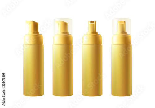 Realistic golden blank bottle with dispenser isolated on white background