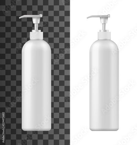 Bottle with pump dispenser 3d vector mockups of white plastic cosmetic containers. Realistic templates of packaging for shampoo, liquid soap or shower gel, hand cream, body lotion or bath foam
