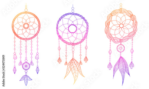 Hand drawn vector illustration of dream catcher in line work style. Dreamcatcher decorated with feathers and beads in countur drawing with gradient